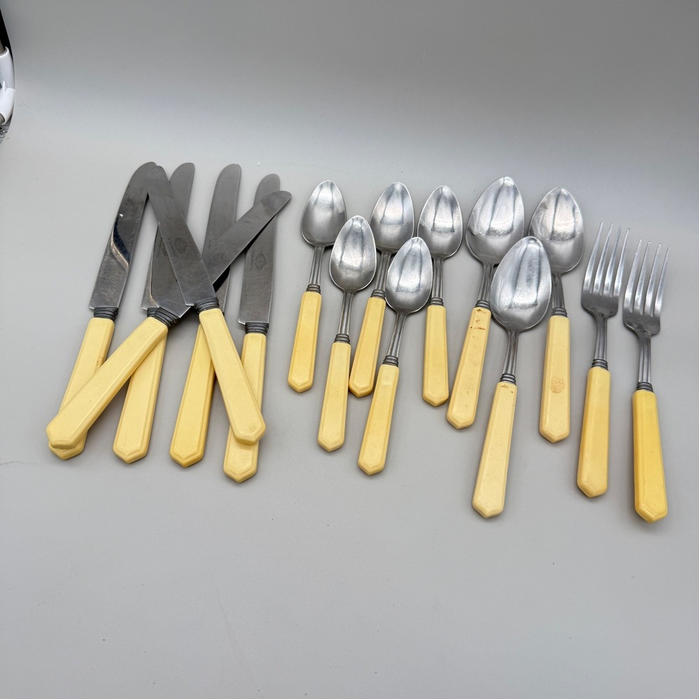 Vintage Royal Brand Sharp Cutter Flatware Set 16pc Celluloid Handle Stainless